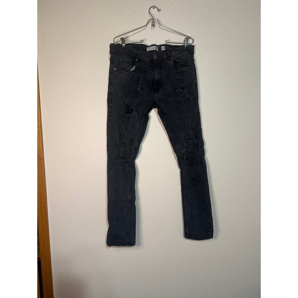 Evolution In Design Mens Black Distressed Ripped Denim Slim Jeans 36x32